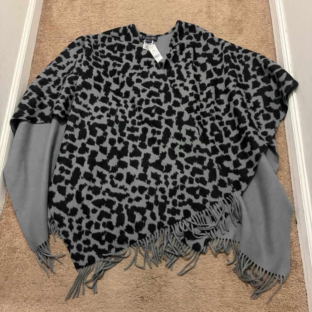 Brooks Brothers Wool Cashmere Blend Shawl Animal Print w Fringe Gray Black NWT